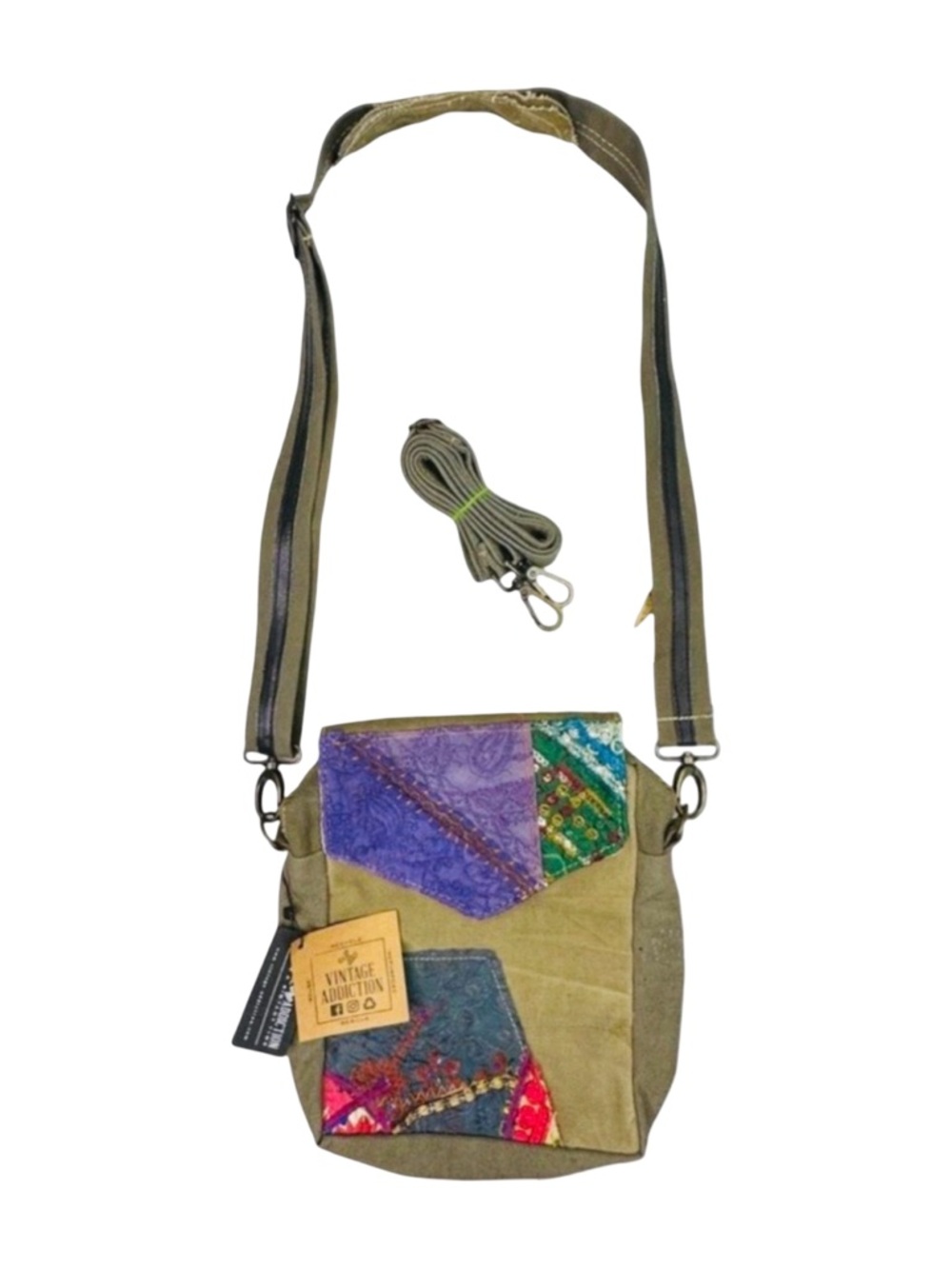 Vintage Addiction Recycled Military Tent & Vtg Fabric Crossbody 8"x10.25"x2.75"